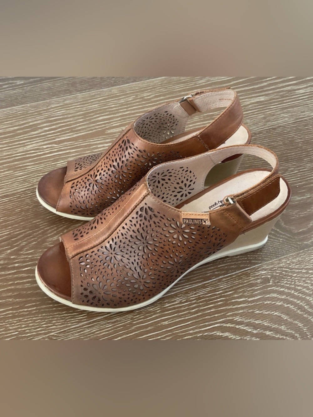 Pikolinos Vigo Brown Leather Laser-Cut Wedge Sandals Size 40